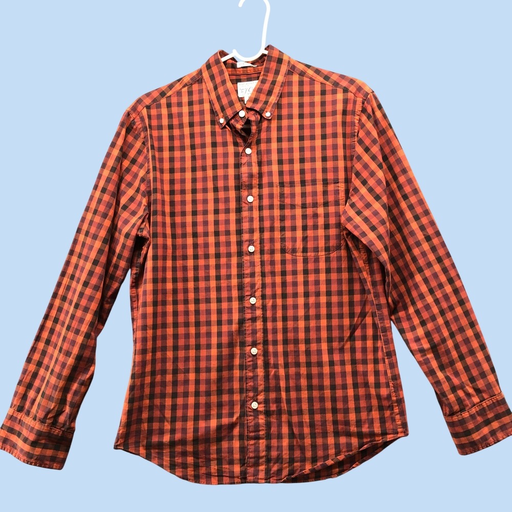 JCrew Secret Wash Untucked Shirt Mens Small Orange Black Plaid Gingham Button Up